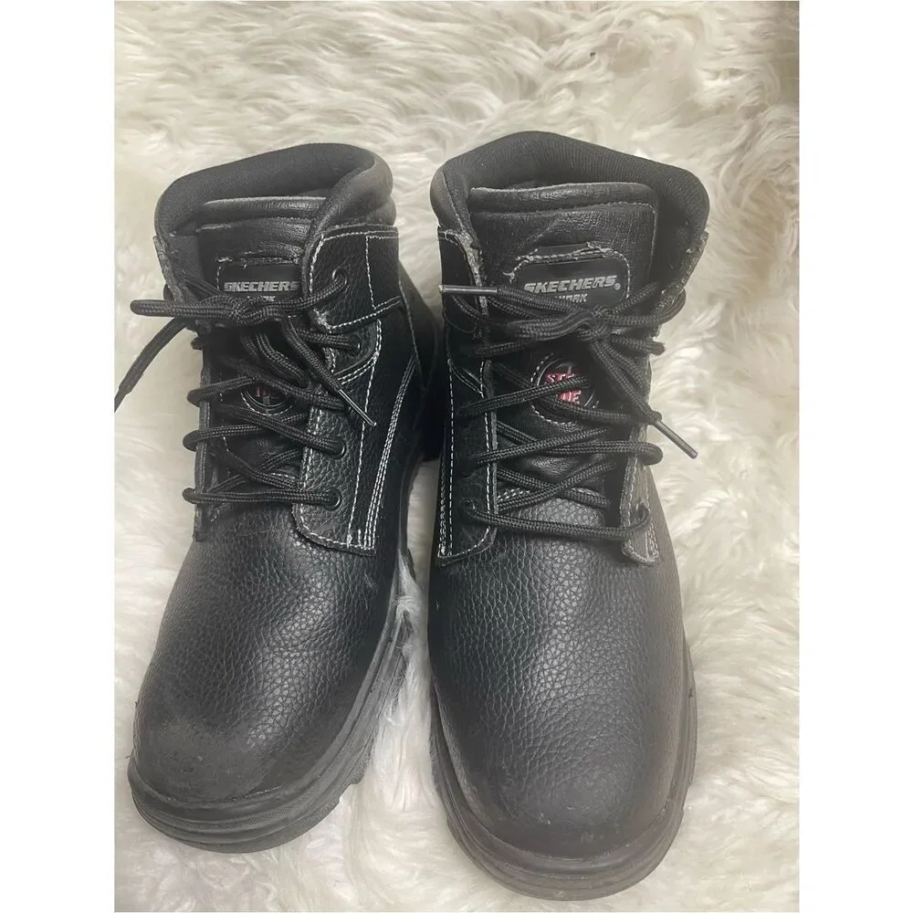 Skechers Men’s steel toe work leather Black Lace-Up Work Boots SZ 12